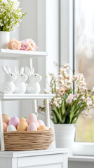 Charming easter display with ceramic bunnies and pastel dyed eggs on tiered tray