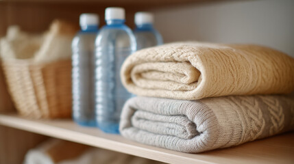 Emergency preparedness supplies with water bottles blankets and food rations for disaster relief