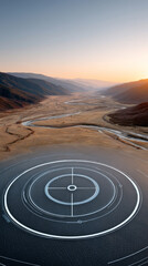 Futuristic energy interface map projected over scenic landscape at sunrise