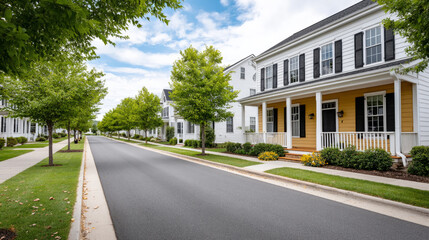 Charming suburban street with porch and flag displays embracing community spirit