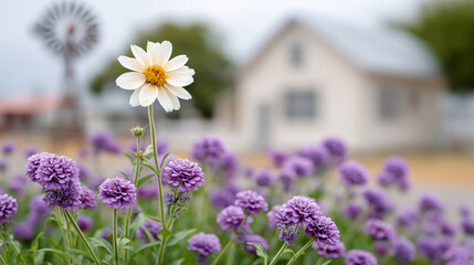 Windmill blades spinning with blossoms in foreground and space for text