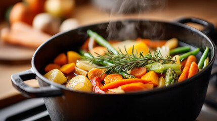 Cozy autumn kitchen scene with vegetables boiling in large pot for seasonal cooking inspiration