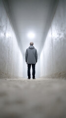 Man standing alone in an elevator shaft highlighting isolation and urban exploration