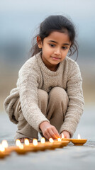 Young girl lighting diyas on pathway for traditional celebration