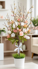 Charming easter tree decorated with paper shapes and spring blossoms for holiday decor
