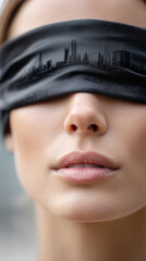 Futuristic vision concept: woman with cityscape reflected in blindfold symbolizing urban forethought