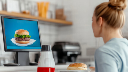 Dynamic digital menu with real burger displayed on split screen for modern dining experience