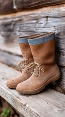 Rustic charm with muddy rubber boots by wooden cabin in cozy setting