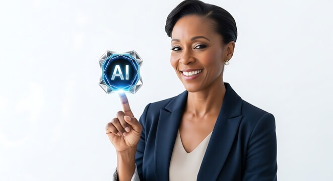 A professional woman interacts with an AI interface. 