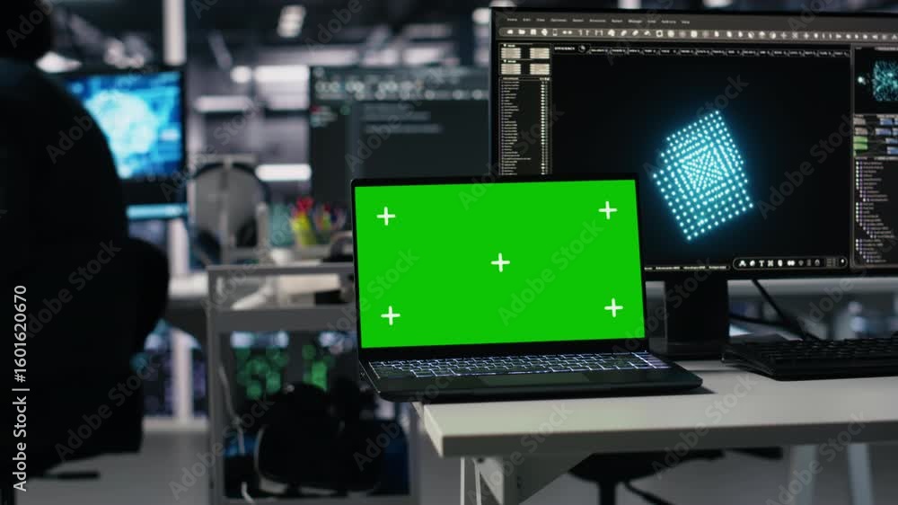 Poster close up of mockup laptop in server room where worker uses ai to review diagnostics. admin in data c