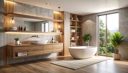 Modern Bathroom Interior with Bathtub and Natural Light