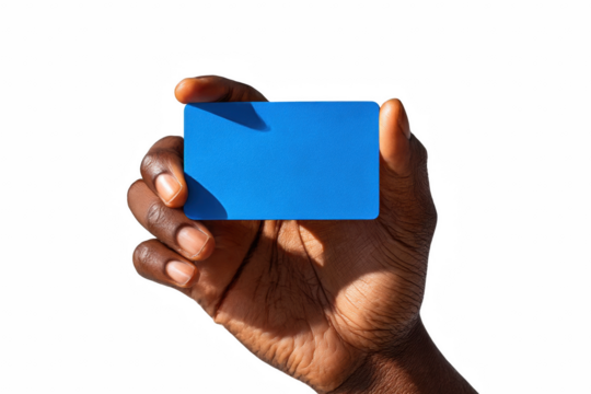 Hand Holding Blank Blue Card, Mockup, Isolated on White