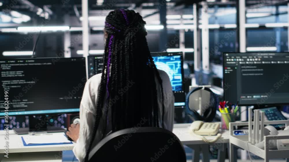Fototapete data center system administrators using machine learning algorithms on pc to analyze datasets. serve
