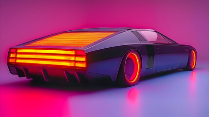 Retro futuristic car, neon lights, studio shot, 80s aesthetic, automotive design