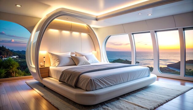 Fototapeta Modern Bedroom Interior at Sunset with Ocean View