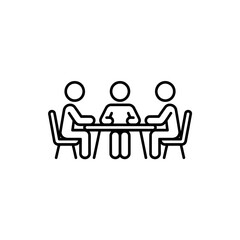 Three stick figures seated around a table in a meeting or discussion