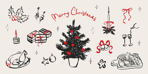 Whimsical chalk doodles of Christmas party. Quirky icons of breakfast and dinner meals in crayon style. Crayon drawing for menus and invitations. La dolce vita hand drawn vector illustration