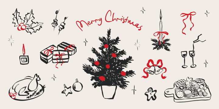 Whimsical chalk doodles of Christmas party. Quirky icons of breakfast and dinner meals in crayon style. Crayon drawing for menus and invitations. La dolce vita hand drawn vector illustration