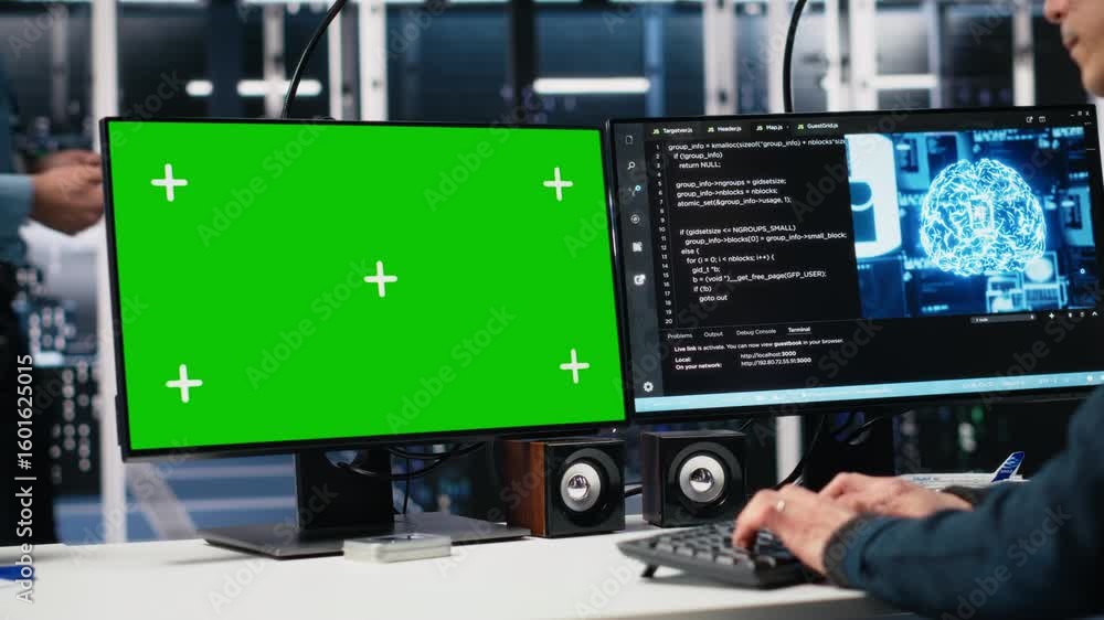 Poster data center software developer managing ai systems for uptime and efficiency using green screen pc. 