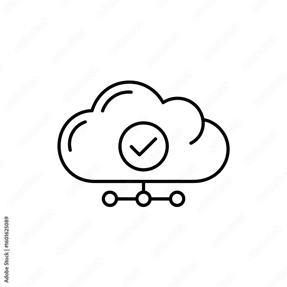 Poster cloud computing icon with a checkmark inside a circle and connected nodes