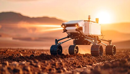 Fototapeta premium Rover Exploring Barren Landscape at Sunset with Dusty Ground