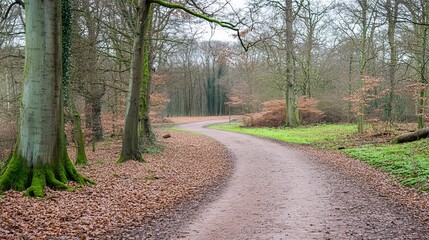 Naklejka premium Winding dirt road through a winter forest