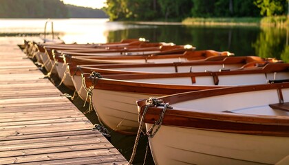 Rowboats Docked at Wooden Pier on Lake at Sunset