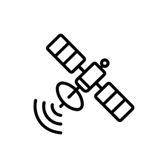 Obraz premium Simple black line art icon of a satellite transmitting signals