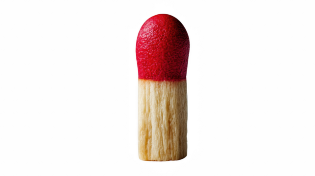 Close-up of a single matchstick with a red tip, isolated on white background