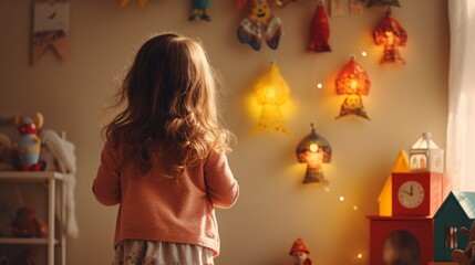 A child is looking at decorative lights in the playroom, feeling warm and comfortable.