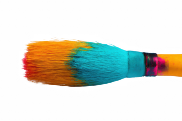 Close-up of Paintbrush with Orange, Teal, and Pink Paint - Artistic Tool