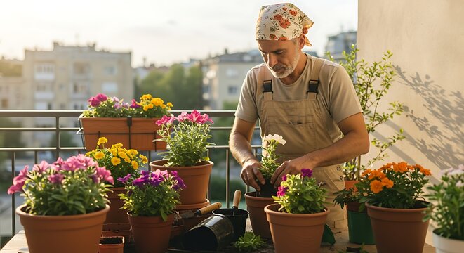 Man's Balcony Garden Oasis: A senior man tends to a vibrant collection of potted flowers on his sunlit balcony, creating a peaceful retreat amidst the cityscape. 