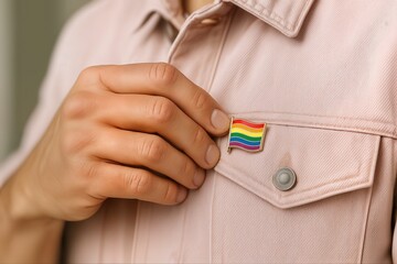 Hand Holding Rainbow Pin on Pink Denim Jacket Celebrating LGBTQ Community and Pride Awareness with Symbolic Colorful Accessory Against Pastel Fabric Background