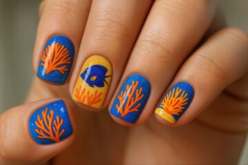 Vibrant Tropical Nail Art with Coral and Fish Design on Blue Background for Summer Fashion Trends