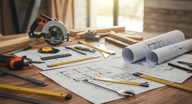Crafting the Blueprint: A workbench scene, where architectural plans intertwine with woodworking tools, representing the precision and art of building. - Powered by Adobe