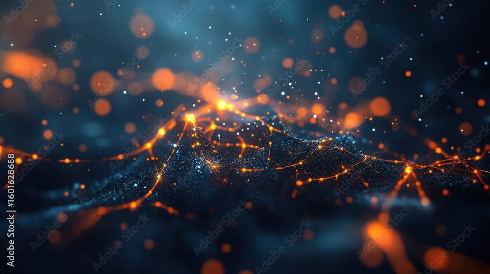 Poster swirling patterns of light and color illustrate dynamic connections, evoking a sense of energy in a 