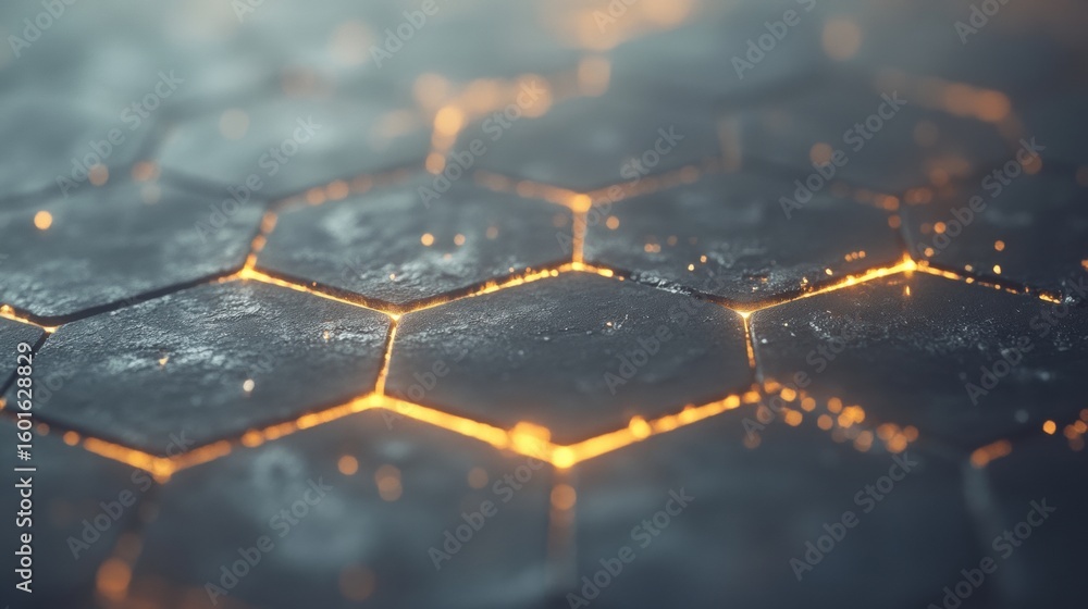 Poster intricate hexagonal shapes illuminated with a warm glow emerge from a textured dark background, offe