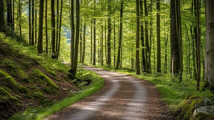 Obraz premium Sun-dappled forest path winds through tall trees
