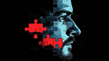 Profile portrait with puzzle and city overlay