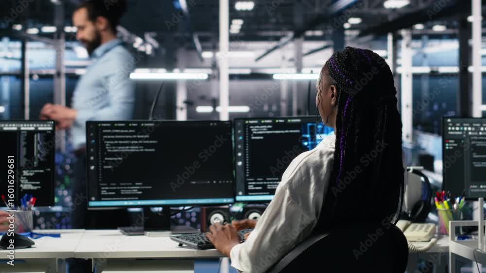 Poster data center manager checking work done by admins using deep learning to analyze datasets. server hub