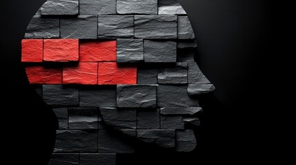 Profile of face, bricks, red highlight