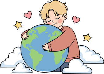 Boy Hugging the Earth with Love and Hearts