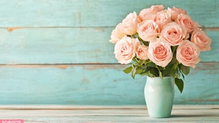 Obraz premium Elegant pink roses in a vintage vase on a rustic wooden table