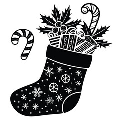 Pure black vector illustration of a traditional holiday sock with ribbon or star details, isolated on a white background.