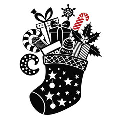 Pure black vector illustration of a traditional holiday sock with ribbon or star details, isolated on a white background.