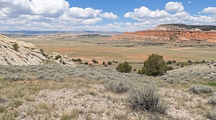High desert vista, colorful mesas, distant valley