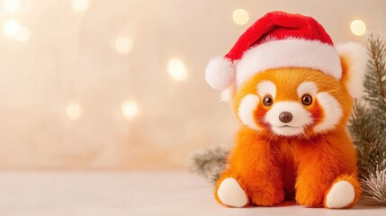 Fototapeta premium Cute red panda plush toy dressed for Christmas celebration with festive decor