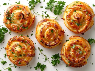 Golden puff pastry pinwheels with cheese and herbs, top-down view on a clean white background