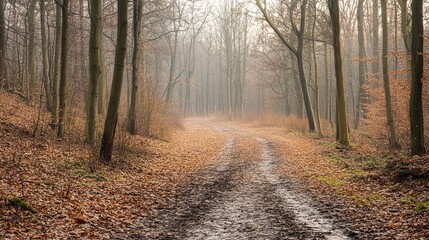 A path winds through a misty autumnal forest