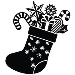Pure black vector illustration of a traditional holiday sock with ribbon or star details, isolated on a white background.